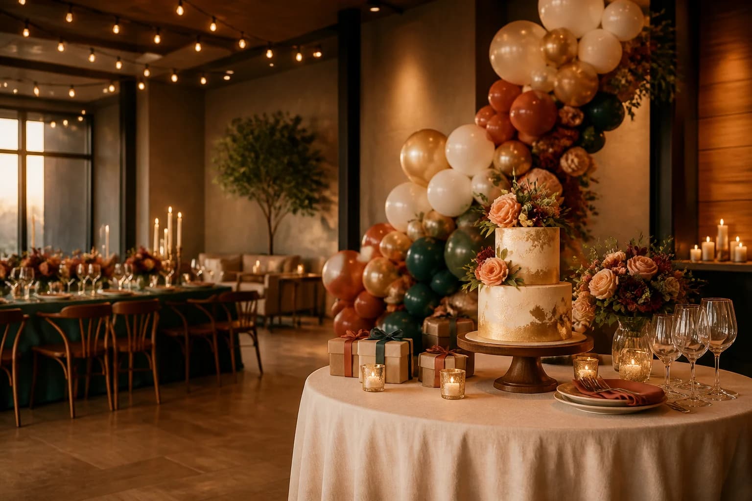 Elegant birthday celebration setup with balloons, cake, flowers and candlelit tables